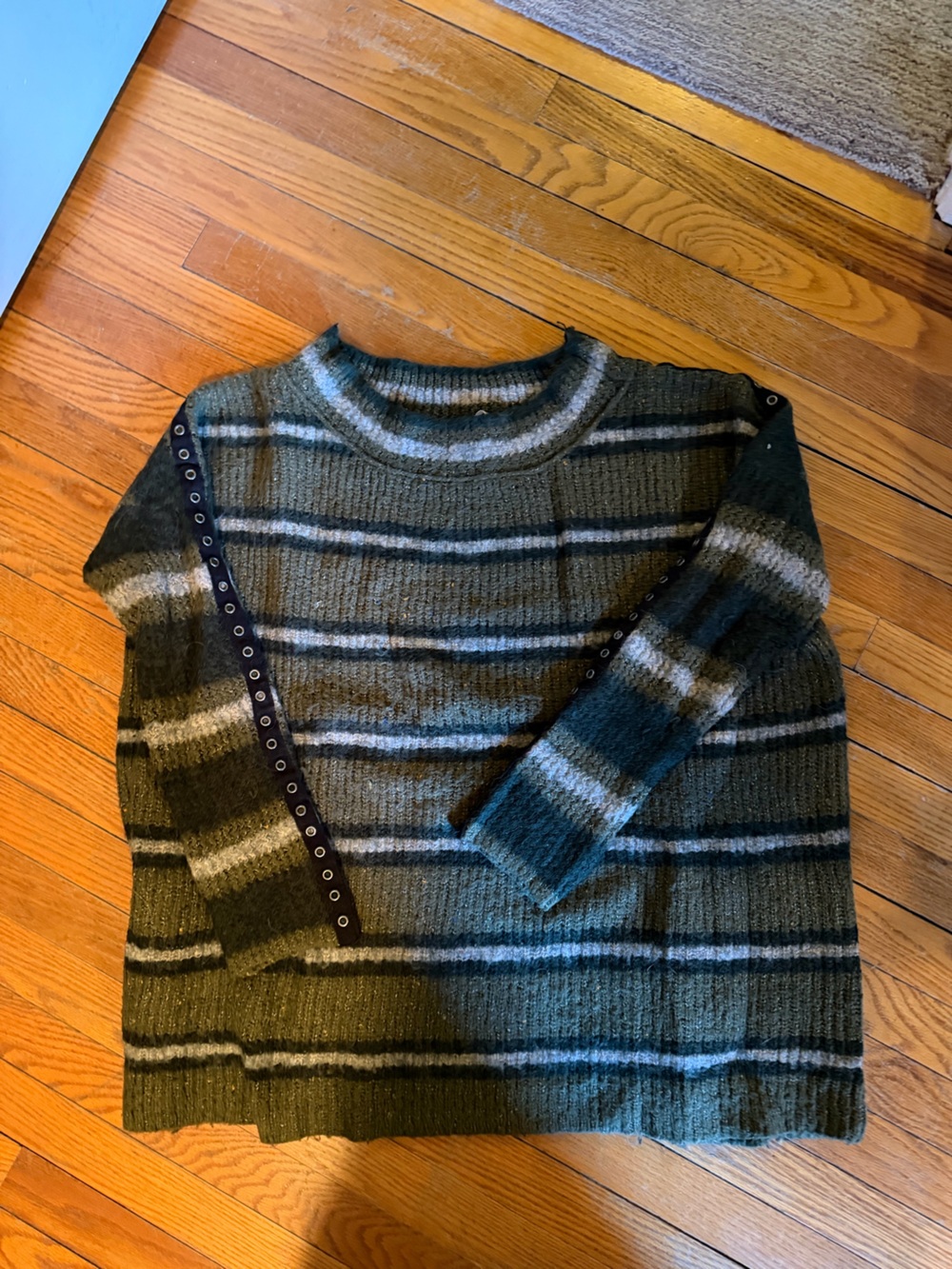 Free People Olive Green Stripe Crewneck Sweater with Eyelet Trim
